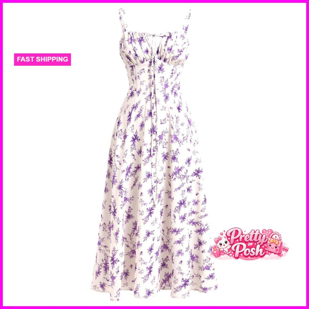 Floral Corset Midi Sundress With Spaghetti Straps And Lace Up Back